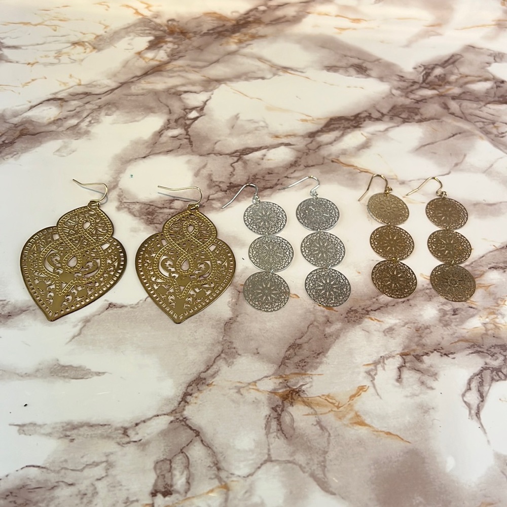 3 Pair of Dangling Earrings Gold and Silver